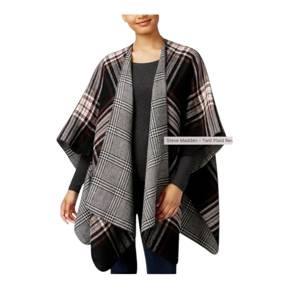 Women’s Twill Plaid Reversible Cape One Size O/S Black Red White Shawl Wrap